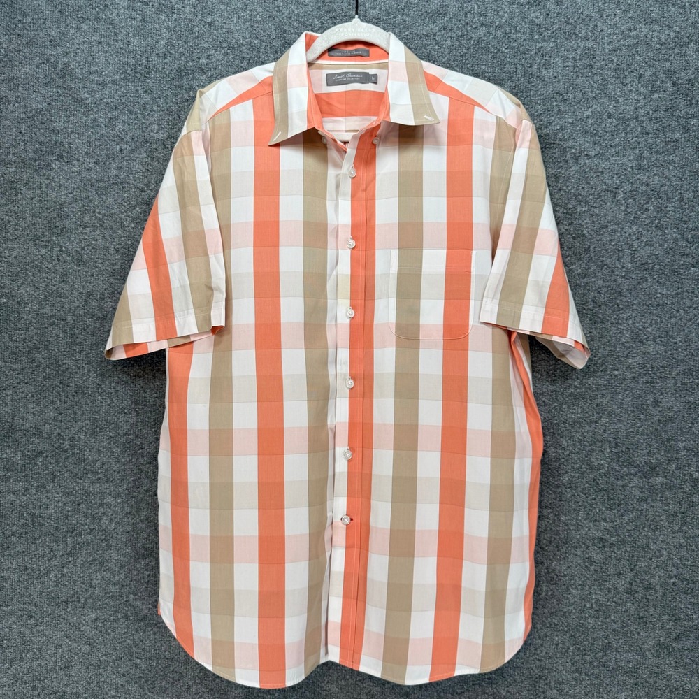Daniel Cremieux Button Down Shirt Mens Large Orange Plaid Short Sleeve Cotton